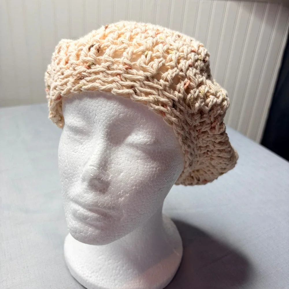 Handmade Crochet Beret OS Cream Multi Color Flecked Flower Slouchy Beanie Hat